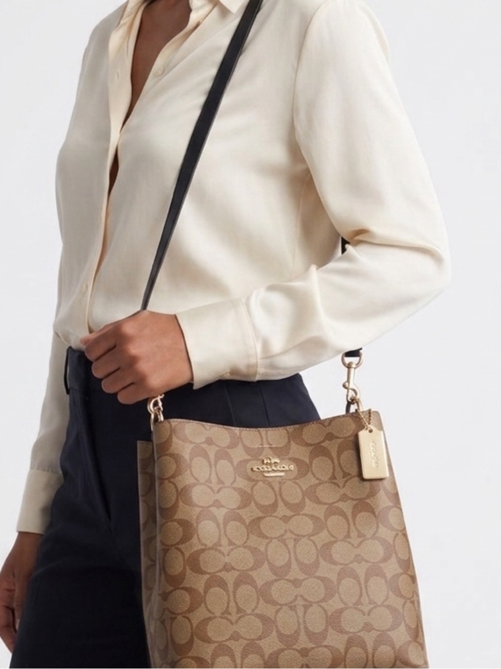 Nwt Coach Brown Signature Canvas Shoulder Tote with Black Leather Strap
